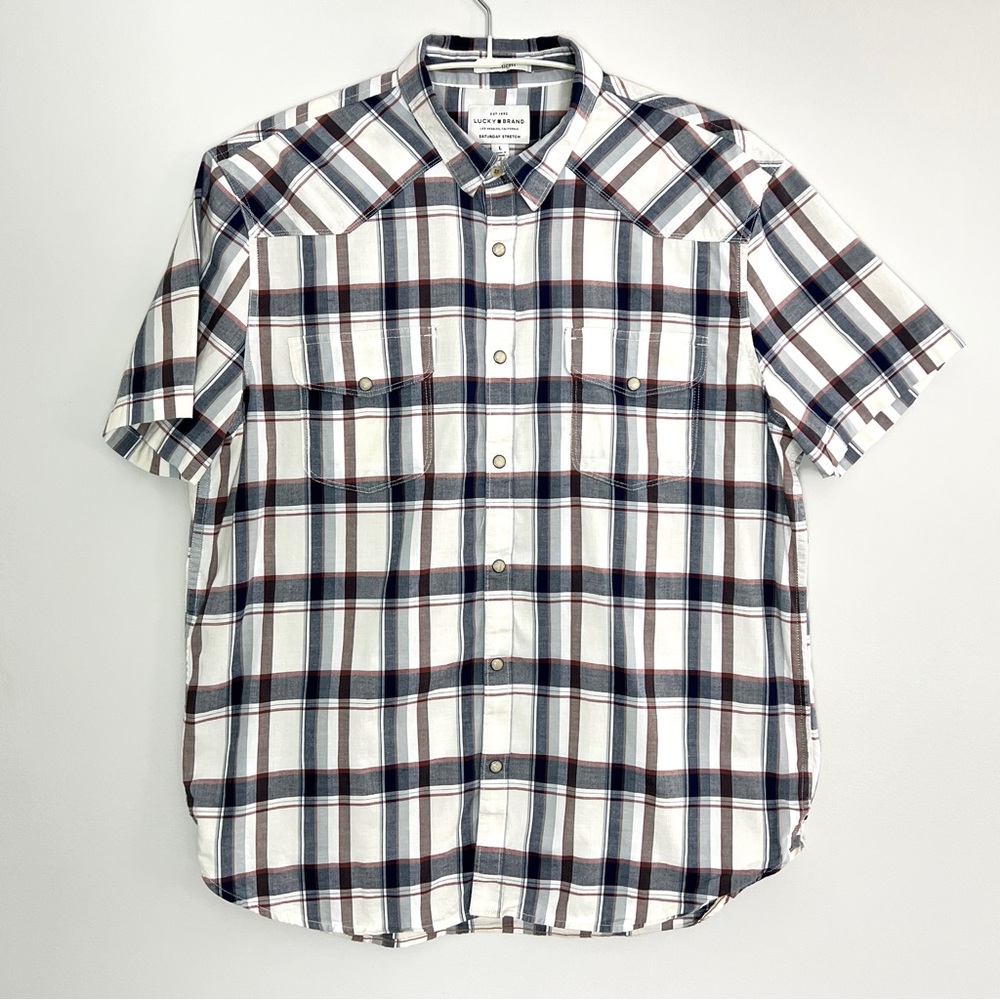 Lucky Brand Men's Plaid Button Down Shirt – Navy, Burgundy & White, L